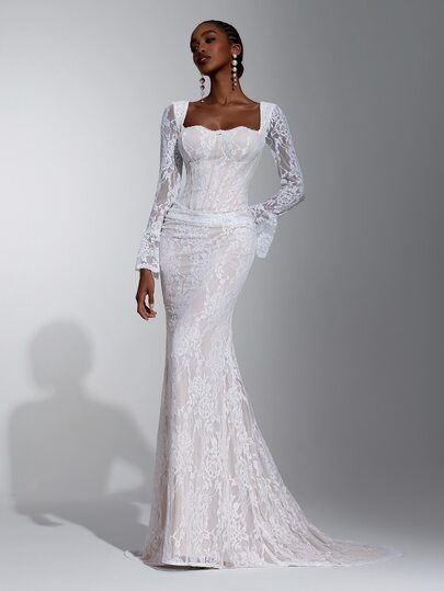 Elitara Elegant White Romantic Novel French Lace Neckline Eyelash Trim Decorated Cup Style Sheer Flared Long Sleeve Fishbone Boning Minimalist Sophisticated Mermaid Tail Train Wedding Dress Bridal Gown Suitable For Dates And All Wedding Events