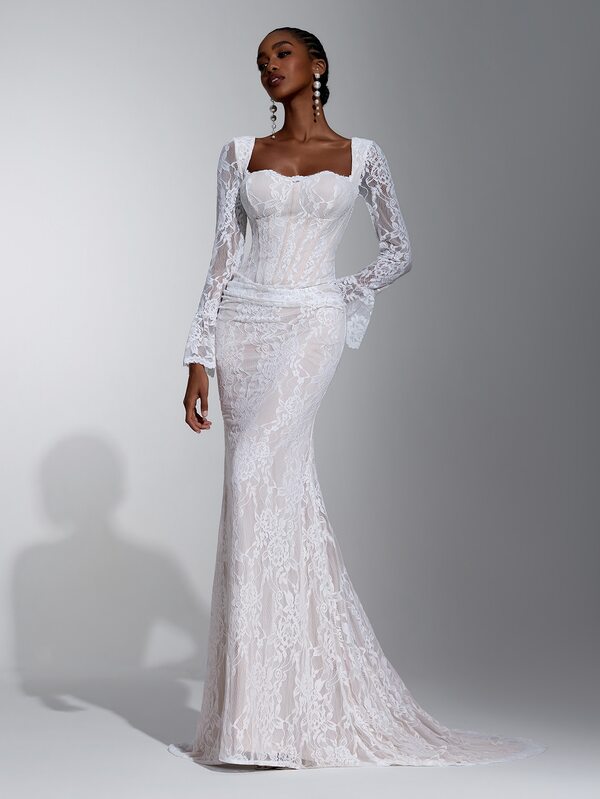 Elitara Elegant White Romantic Novel French Lace Neckline Eyelash Trim Decorated Cup Style Sheer Flared Long Sleeve Fishbone Boning Minimalist Sophisticated Mermaid Tail Train Wedding Dress Bridal Gown Suitable For Dates And All Wedding Events