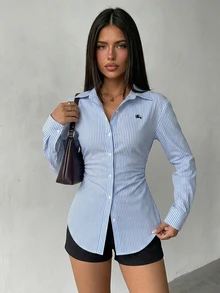 Vavine Blue And White Striped Wrap-Around Cross-Front Long Sleeve Turn-Down Collar Women's Blouse - Blue and White - View 1