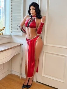 Fantasy Costume Fantasy Costume 3pcs Halloween Chun-Li Samurai Cosplay Cross PU Patchwork Slit Lingerie + Skirt + Panty Women's Costume - Red - View 4