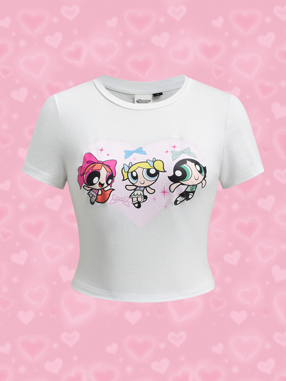 THE POWERPUFF GIRLS X SHEIN Women's Summer Casual Cartoon Print Cropped T-Shirt