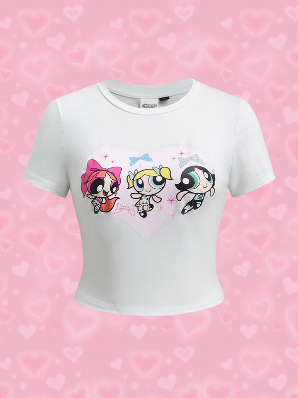 THE POWERPUFF GIRLS X SHEIN Women's Summer Casual Cartoon Print Cropped T-Shirt