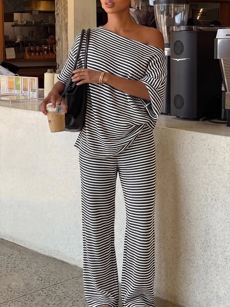 Siren Gaze Women's Striped Asymmetric Neck Top And Pants Casual Daily 2 Pieces Set - Black and White - View 2