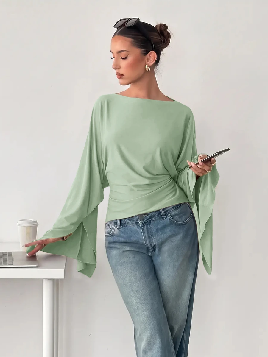 Siren Gaze Women's Solid Color Pleated Casual Versatile Daily T-Shirt - Mint Green - View 1