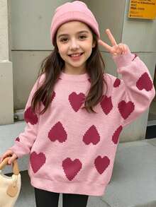 青少年女孩休閒極簡寬鬆圓領舒適長袖衛衣，適合秋冬，經典像素愛心圖案印花 - 白色 - 查看 3