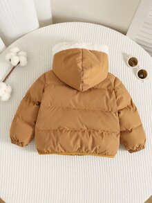 SHEIN 男嬰女嬰通用卡通熊拼接撞色連帽長袖夾克外套，百搭舒適保暖內裡加厚外套，適合秋冬穿著 - 棕色 - 查看 2