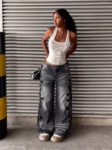 StreetHx Women's Fashion Casual Grunge Streetwear Distressed Vintage Retro Straight Leg Jeans Music Rave Dark Grey Going Out Fall - Grey - View 8