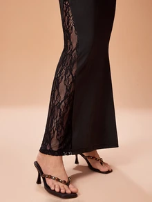 Glamance Women's Elegant Party Lace Patchwork Asymmetric Neckline Mermaid Long Dress - Black - View 7