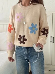 Selianne 秋冬新款休閒優雅杏色花卉刺繡寬鬆版型日常通勤圓領長袖女款時尚針織套頭毛衣 - 杏色 - 查看 3