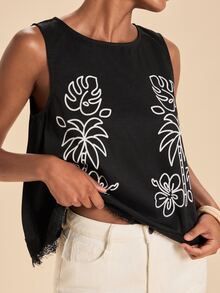 Travachic 女款花卉刺繡圖案休閒日常穿著上衣 - 黑色 - 查看 5