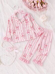 SHEIN 女嬰休閒可愛粉色蝴蝶結長袖居家服套裝 - 粉色 - 查看 4