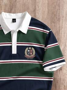 Manfinity Joysei Men's College Striped Button Half-Placket Polo Shirt - Green - View 3