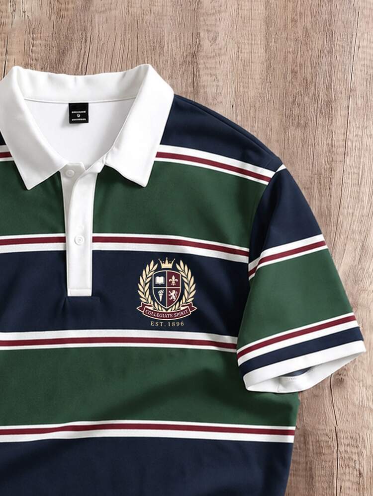 Manfinity Joysei Men's College Striped Button Half-Placket Polo Shirt - Green - View 3
