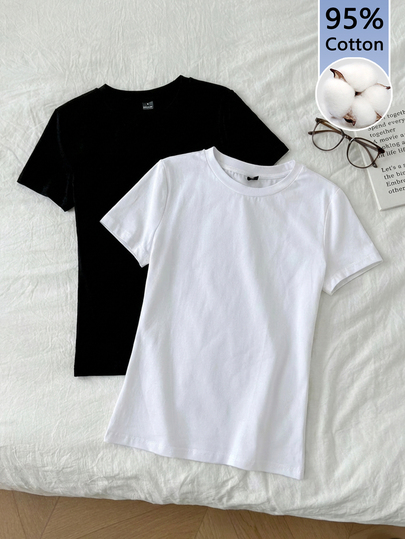 Tseoso 2pcs Black & White Short-Sleeved T-Shirt Set, Suitable For Autumn & Winter Autumn And Winter, 95% Cotton, Suitable For Summer, Vintage