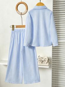 Souflis Children's Spring/Autumn Light Blue Striped Outfit, Minimalist & Exquisite, Fresh & Fashionable, Shirt With Black Horse Logo Decoration, Suitable For Daily Wear And Gatherings - Blue - View 2