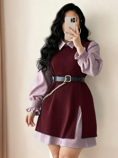 Elenzga Plus Size Women's Casual Hot-Selling Fashion Versatile Classic Red & White Striped Long Shirt Dress And Fleece-Lined Sleeveless Long Slit Vest 2-Piece Set, With Chain Belt Waist Cincher, Suitable For Commuting, Back To School And Casual Outings