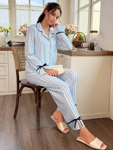 Snug Reverie Women's Lapel Striped Print Tie Bow Decor Long Sleeve Long Pants Pajama Set - Multicolor - View 3