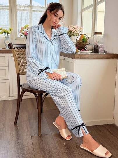Snug Reverie Women's Lapel Striped Print Tie Bow Decor Long Sleeve Long Pants Pajama Set