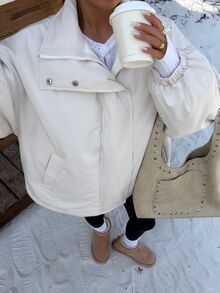 Muchica Off-White 女款編織冬季保暖外套，加厚款，適合秋冬新年日常外出與夜店，極簡休閒風 - 杏色 - 查看 8