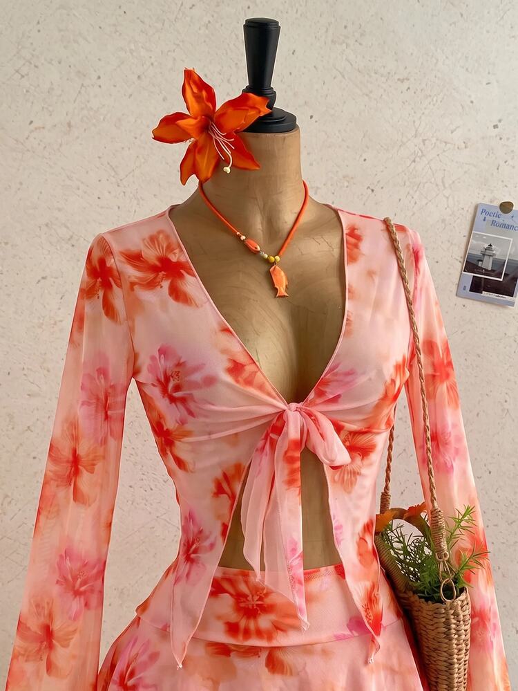 Soleia Women's Spring/Summer Vacation Vintage Floral & Letter Print Front Tie Long Sleeve Cover-Up + Mini Tiered Skirt 2-Piece Set, Casual, Dating, Afternoon Tea, Beach, Cruise, Road Trip, City Vacation, Music Festival, Party, Hippie, Daily Commute - Pink - View 4