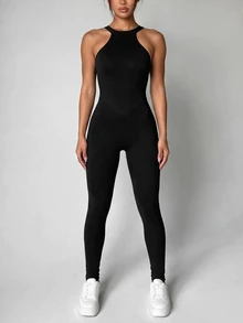 SHEIN Dewbera Solid Color Backless Halter Neck Fitted Sports Jumpsuit - Black - View 3