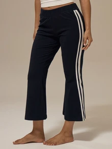 MUSERA Mid Rise Flared Leg Capri Trousers With Striped Detailing Summer Workout Fitness Everyday Loungewear - Black - View 3