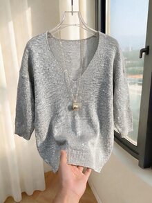 SHEIN New Spring Fall Glam Lurex Knit Slant Cut V Neck Top Women Drop Shoulder Three Quarter Cuff Sleeve Rel - Light Grey - View 5
