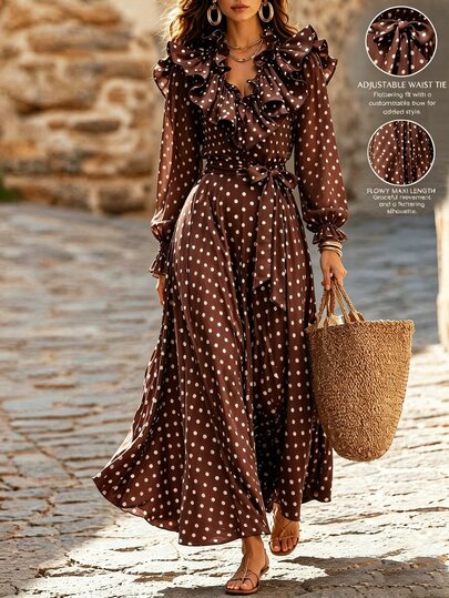 SHEIN Women's Elegant French Retro Fashion Midi Dress With Ruffle Design Vacation Brunch Brown And White Polka Dot