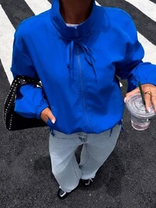 Muchica 皇家藍編織女款休閒夾克，適合日常外出與夜生活，秋季運動休閒風，寬鬆低腰設計 - 寶藍色 - 查看 6