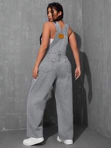 SHEIN ICON 大尺碼女款寬鬆寬腿休閒牛仔吊帶褲，附口袋 - 淺灰色 - 查看 2