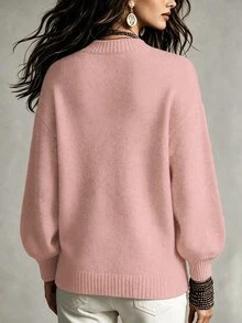 SHEIN 女款簡約優雅蓮花粉圓領針織燈籠袖套頭衫，適合日常穿著、購物、休閒、度假、旅行、約會 - 藕粉色 - 查看 2