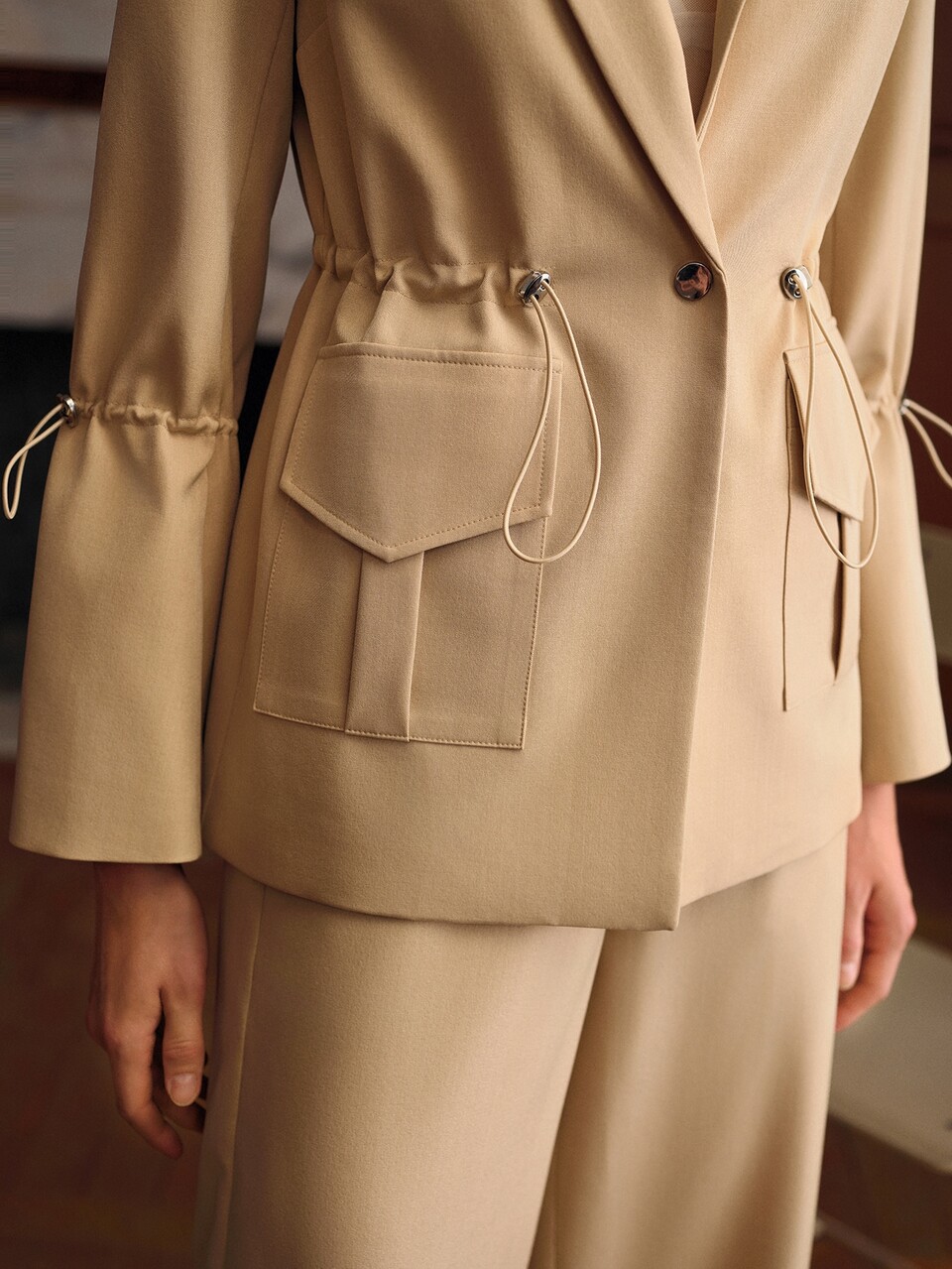 MOTF AUTUMN DRAWSTRING WAIST LAPEL COLLAR JACKET