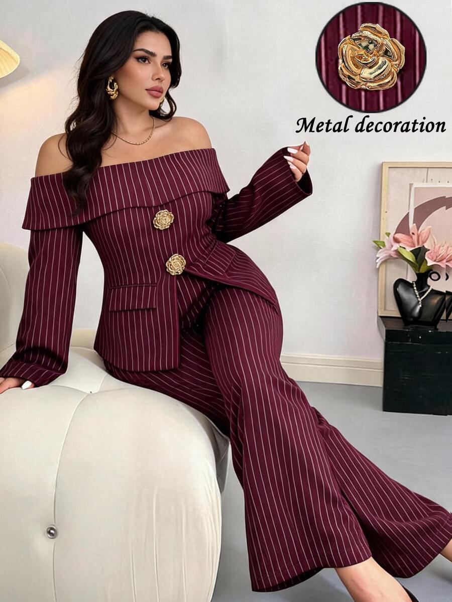 Modelyn Plus Size Women's Metal 3D Floral Decor Striped Off-Shoulder Long Sleeve Top And Flare Pants Elegant 2-Piece Set - Burgundy - View 1