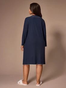Lazeform Soft Ribbed Wood Ear Trim Cardigan Plus Size Loungewear Nightgown - Navy Blue - View 4