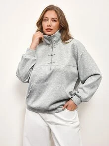 Maija Plus Size Grey Front Zipper Pullover Sweatshirt - Grey - View 6