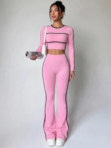 SHEIN Unity 2pcs/Set Women's Pink Knit Seamless Comfortable Elastic Yoga Running Cycling Fitness Outdoor Casual Wear Suitable For Spring Summer Autumn Winter - Pink - View 3