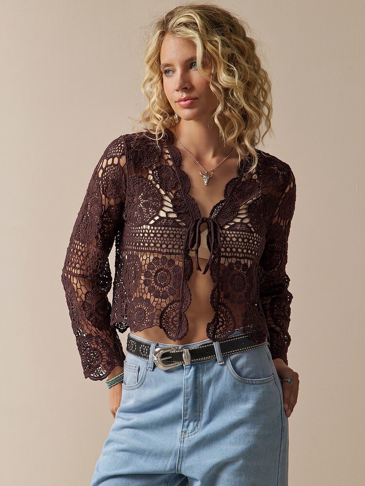 Freevana Áo cardigan nữ màu trơn phong cách thường ngày đa năng mặc hằng ngày - Cà phê nâu - Xem 3