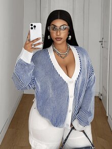Maweii Plus Size Women's Casual Vintage Long Sleeve Thin Striped Cardigan Sweater, Suitable For Autumn/Winter - Blue and White - View 4