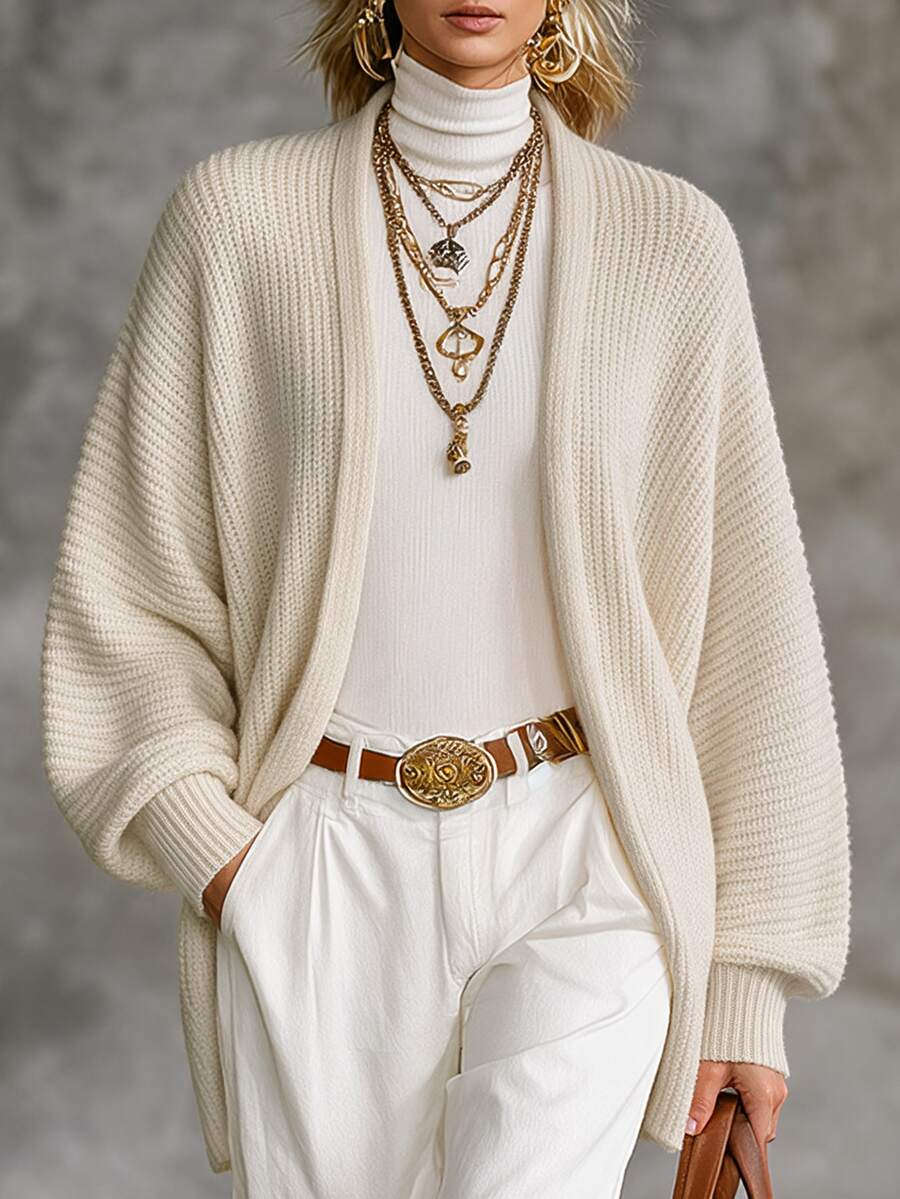 SHEIN Fall Lazy French Style Open Front Waffle Knit Midi Cardigan, Oversized Lantern Sleeve Loose Mid-Leng - Beige - View 1