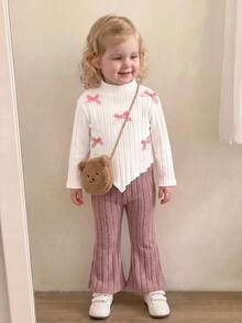 SHEIN Baby Girl Bow Decor Asymmetric Hem T-Shirt And Flare Pants Casual Set - Pink - View 1
