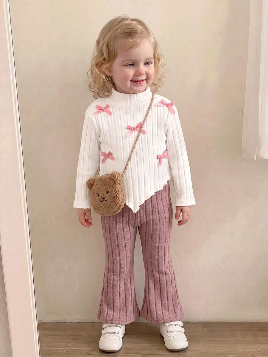 SHEIN Baby Girl Bow Decor Asymmetric Hem T-Shirt And Flare Pants Casual Set - Pink - View 1