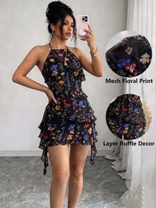 SHEIN Raffinéa 女款花卉印花休閒日常夏季旅行掛脖洋裝 - 彩色 - 查看 1