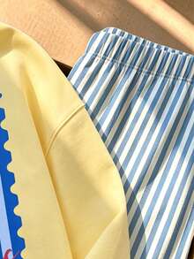 (1 Set) Autumn/Winter Girls Casual Fresh Lemon Blue Gradient Vertical Striped Letter Print Crew Neck Sweatshirt & Wide Leg Pants Set - Multicolor - View 6