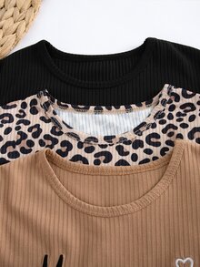 SHEIN Vintaside Kids 3套幼童女童長袖上衣+內搭褲，可愛黑色棕色豹紋羅紋字母印花側開衩長袖圓領，生日派對秋季假期穿搭 - 彩色 - 查看 5