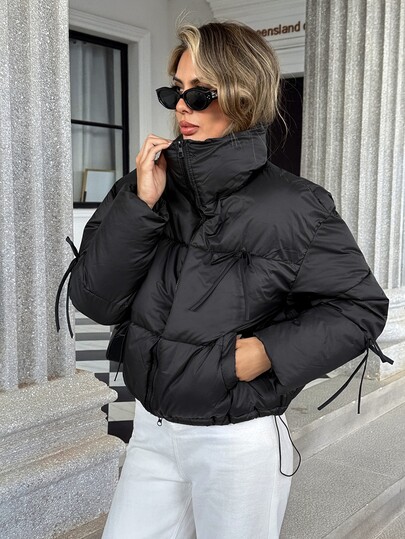 Pariaura Sweet & Cool Commuter Solid Color Minimalist Bowknot Cotton Padded Coat, Stand Collar Loose Fit Street Style Outerwear