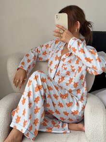 Napfluff طقم بيجامة نسائي مخطط برسمة رجل الزنجبيل مع ياقة وأكمام طويلة وبنطال - متعدد الألوان - مشاهدة 6