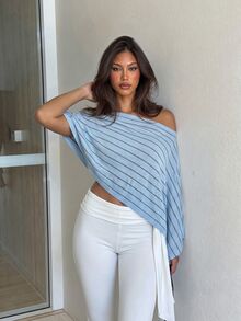 Siren Gaze Autumn/Winter New Asymmetrical Shoulder Knit Shawl For Women - Blue - View 3