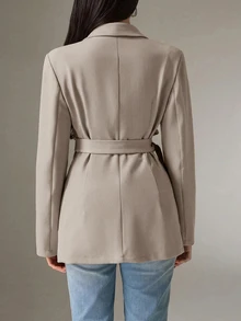 Heiryn Women's Solid Color Lapel NeckSide Waist Tie Casual Blazer - Khaki - View 2