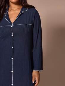 Lazeform Soft Ribbed Wood Ear Trim Cardigan Plus Size Loungewear Nightgown - Navy Blue - View 7