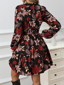SHEIN Clasi Gaun Midi Kasual Wanita Motif Bunga & Daun Maple, Musim Gugur - Hitam - View 3